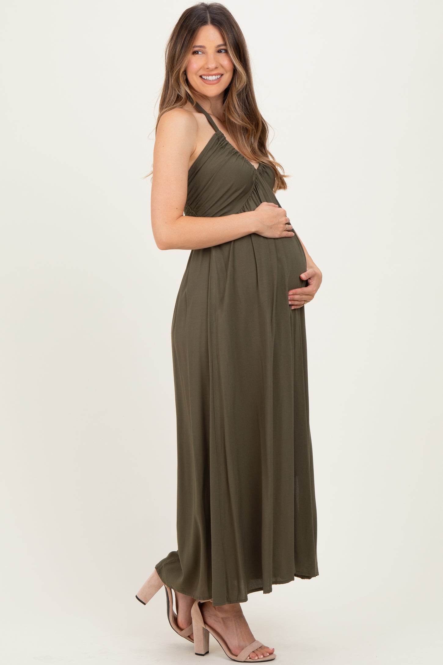 Olive Halter Neck Side Slit Maternity Midi Dress
