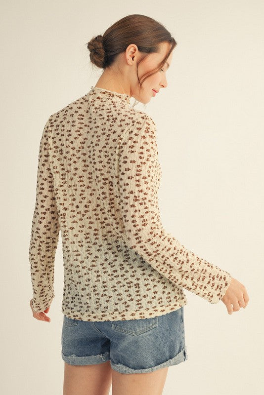 Cream Floral Sheer Mock Neck Fitted Top