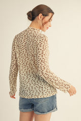 Cream Floral Sheer Mock Neck Fitted Top