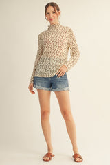 Cream Floral Sheer Mock Neck Fitted Top