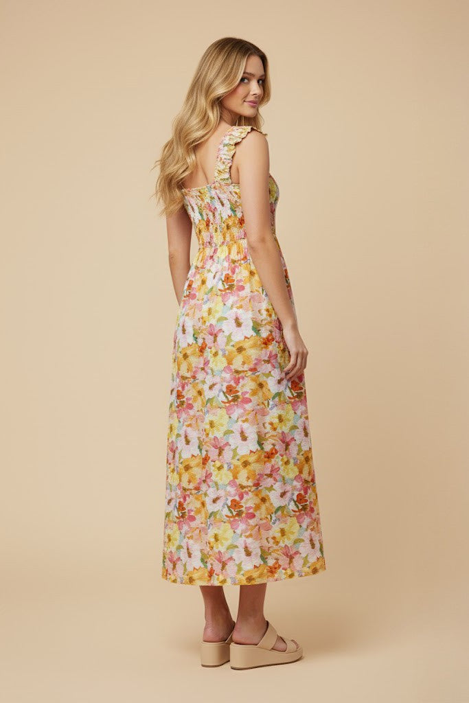 Pink Floral Smocked Sleeveless Maxi Dress