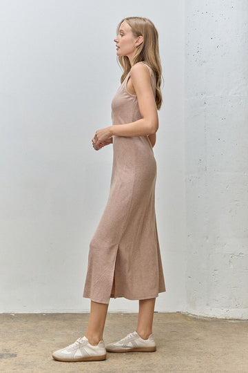 Light Tan Ribbed Knit Midi Tank Dress