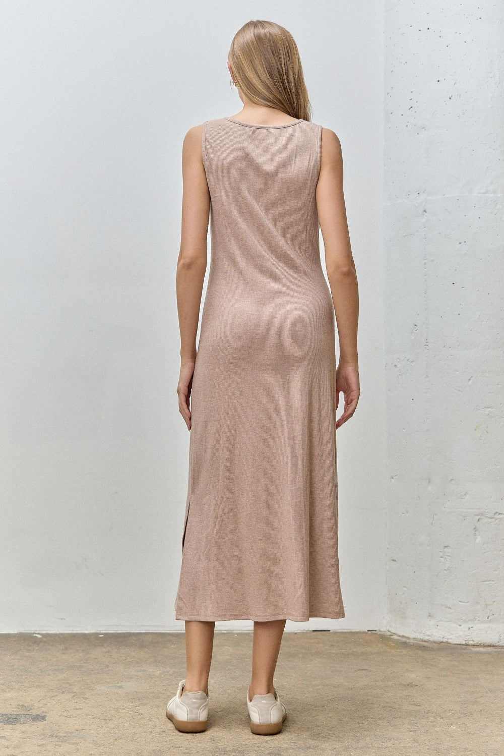 Light Tan Ribbed Knit Midi Tank Dress
