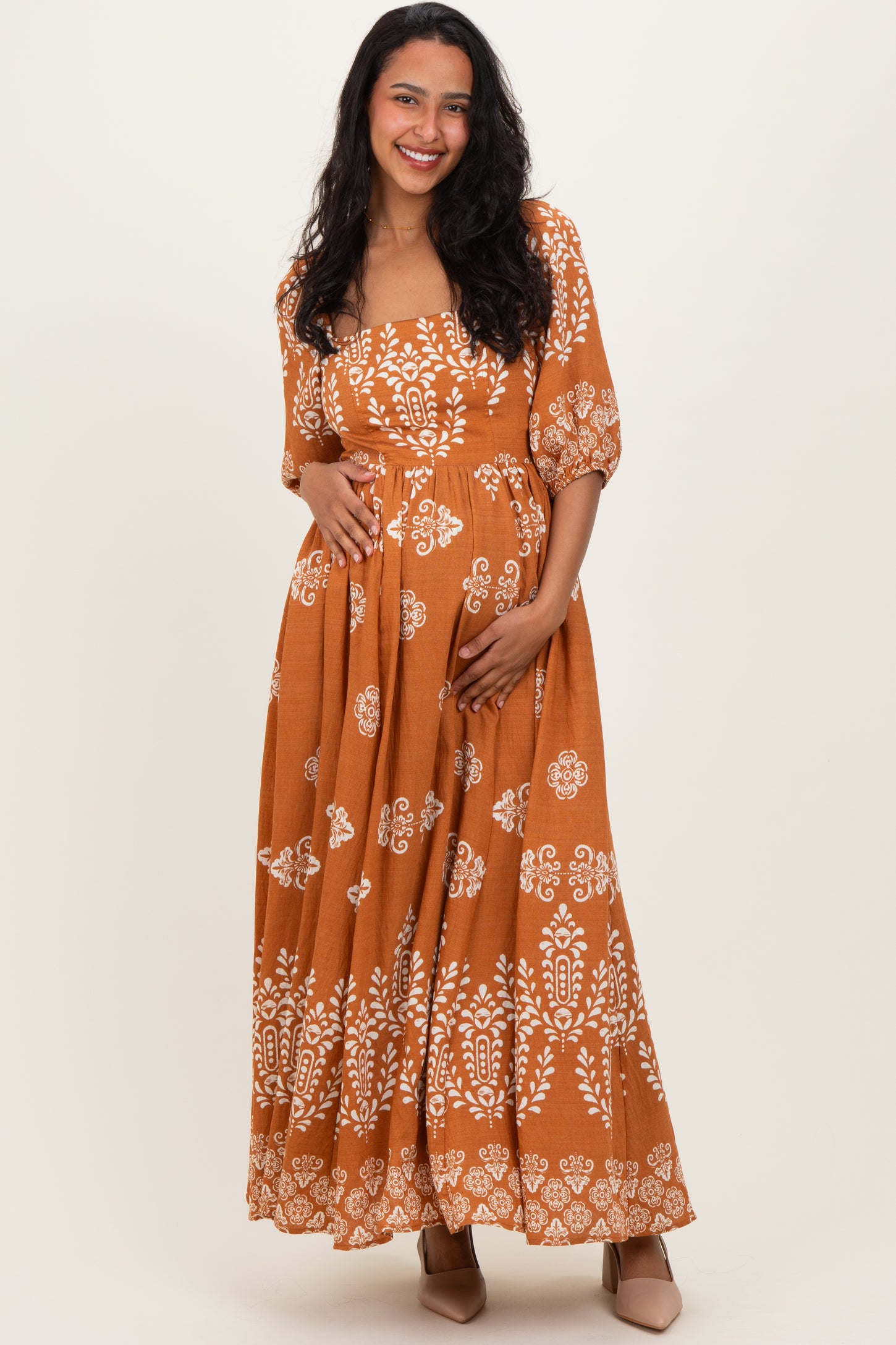 Amber Damask Print Short Sleeve Maternity Maxi Dress