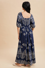 Navy Damask Print Short Sleeve Maxi Dress