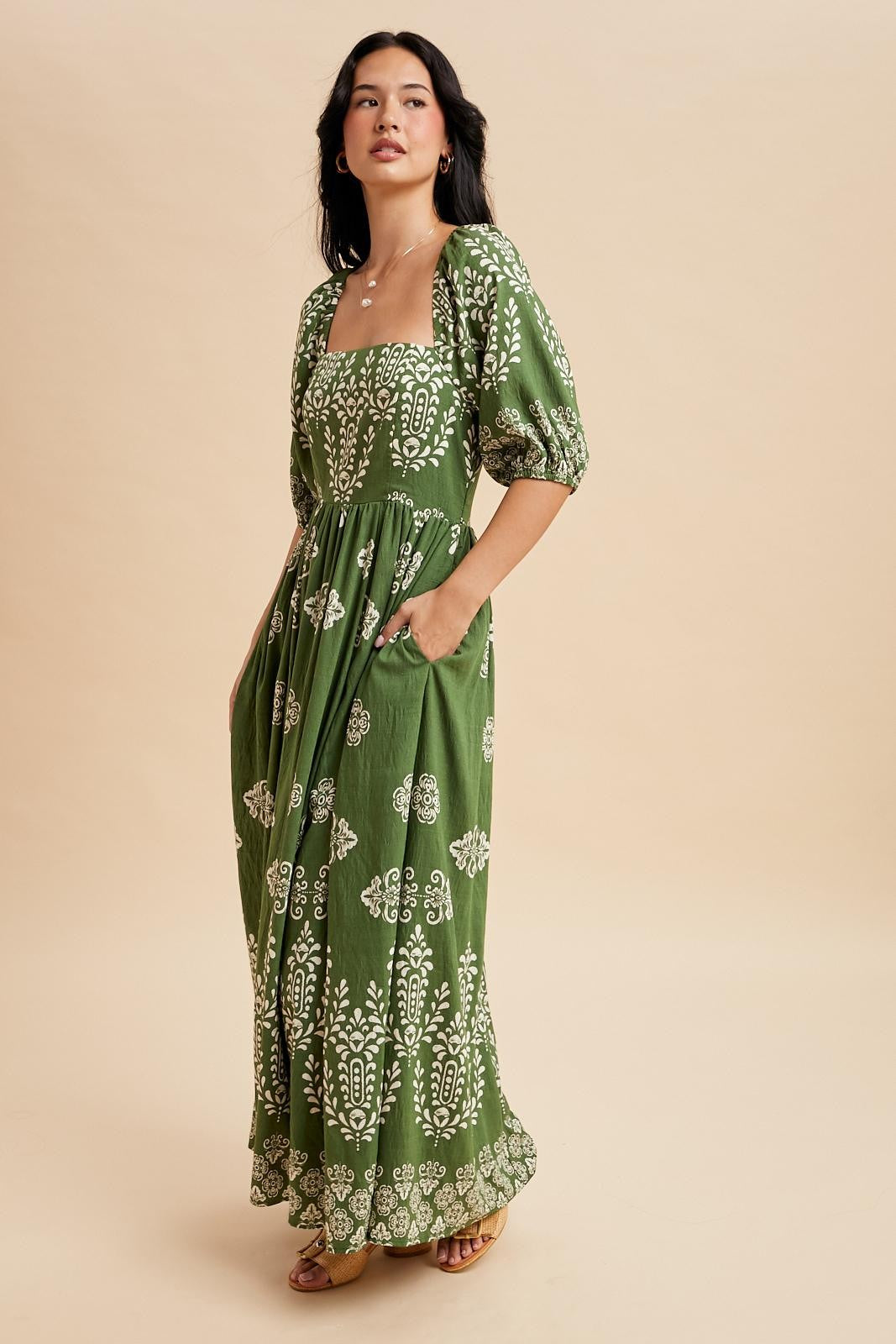 Green Damask Print Short Sleeve Maxi Dress