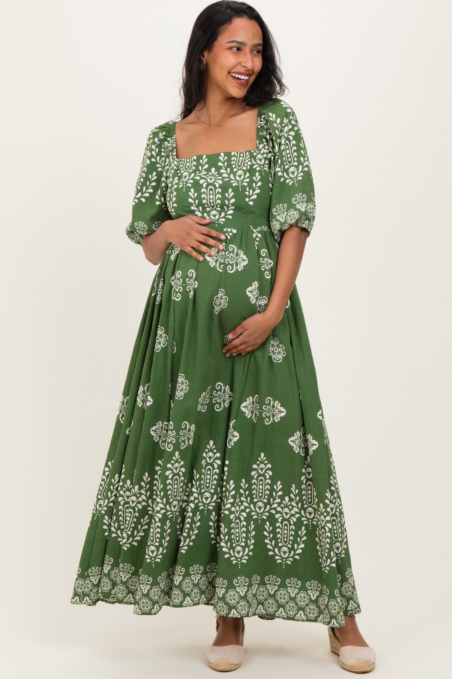 Green Damask Print Short Sleeve Maternity Maxi Dress