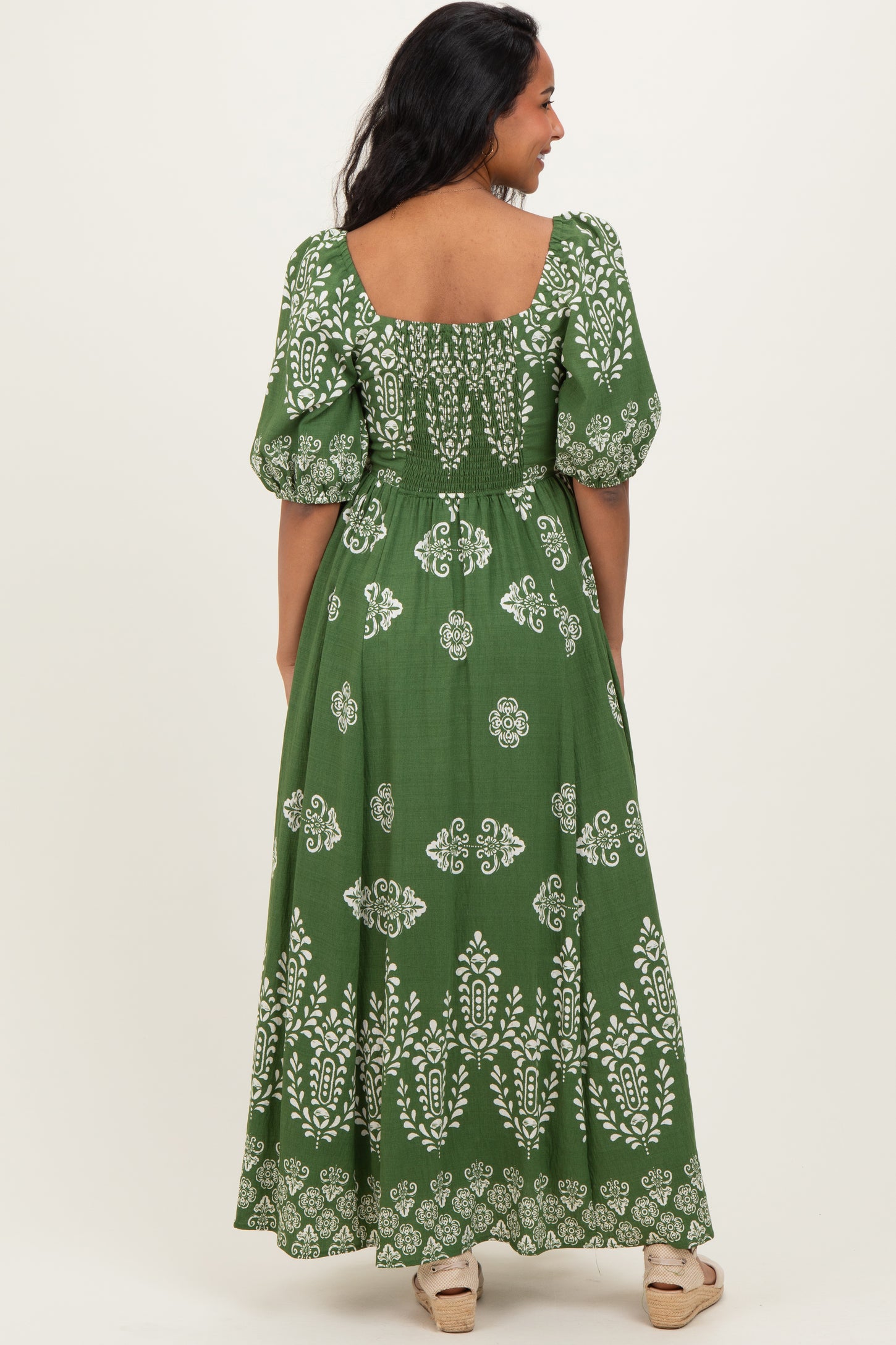 Green Damask Print Short Sleeve Maternity Maxi Dress