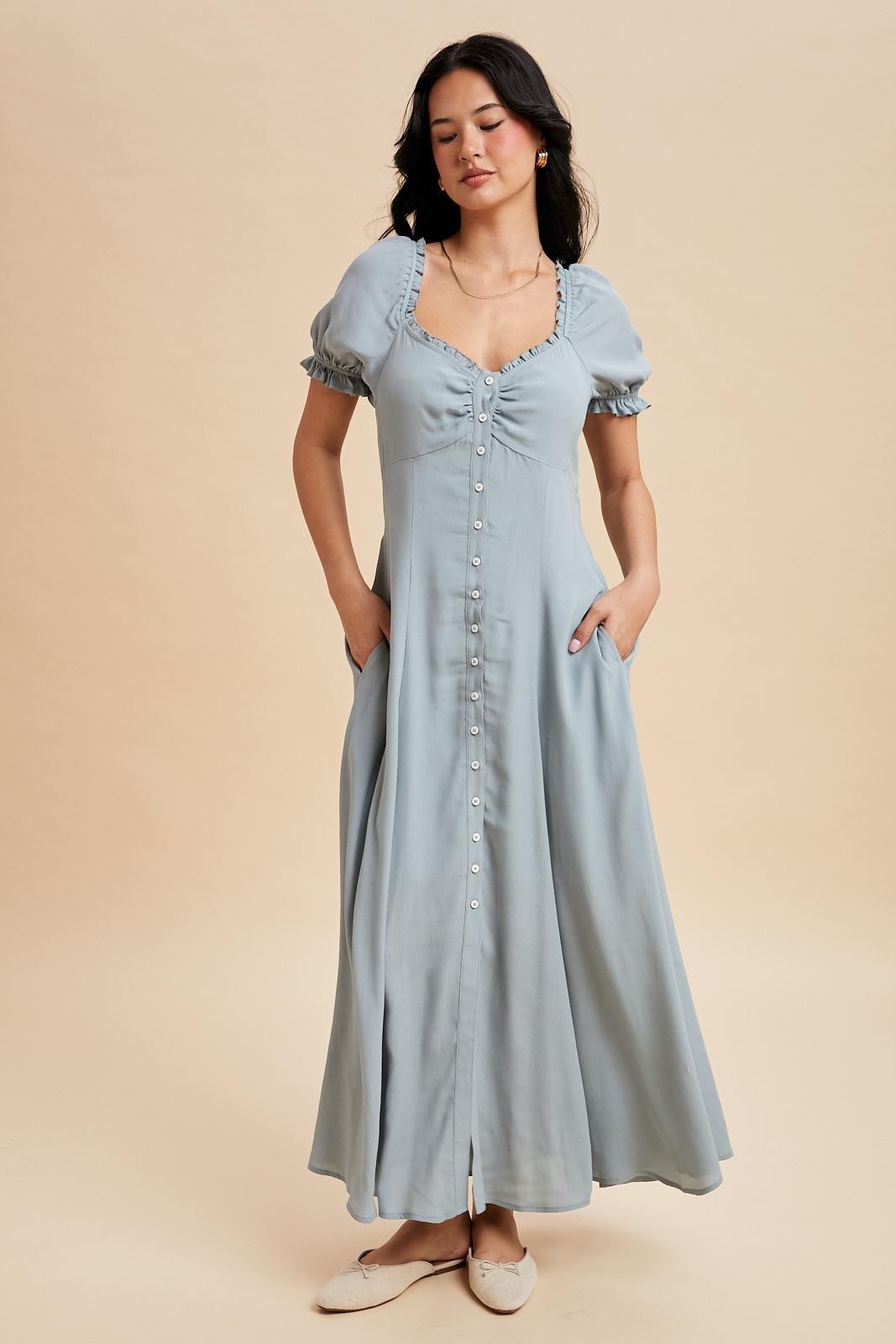 Dusty Blue Button Down Ruffle Trim Maxi Dress
