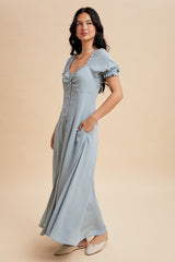 Dusty Blue Button Down Ruffle Trim Maxi Dress