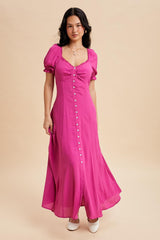 Fuchsia Button Down Ruffle Trim Maternity Maxi Dress