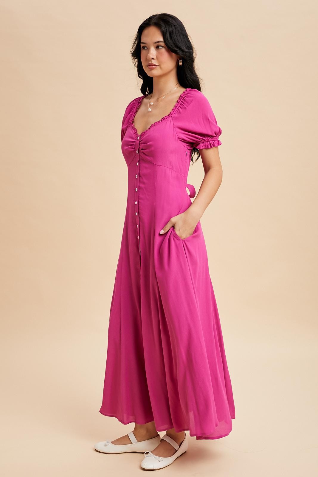 Fuchsia Button Down Ruffle Trim Maxi Dress