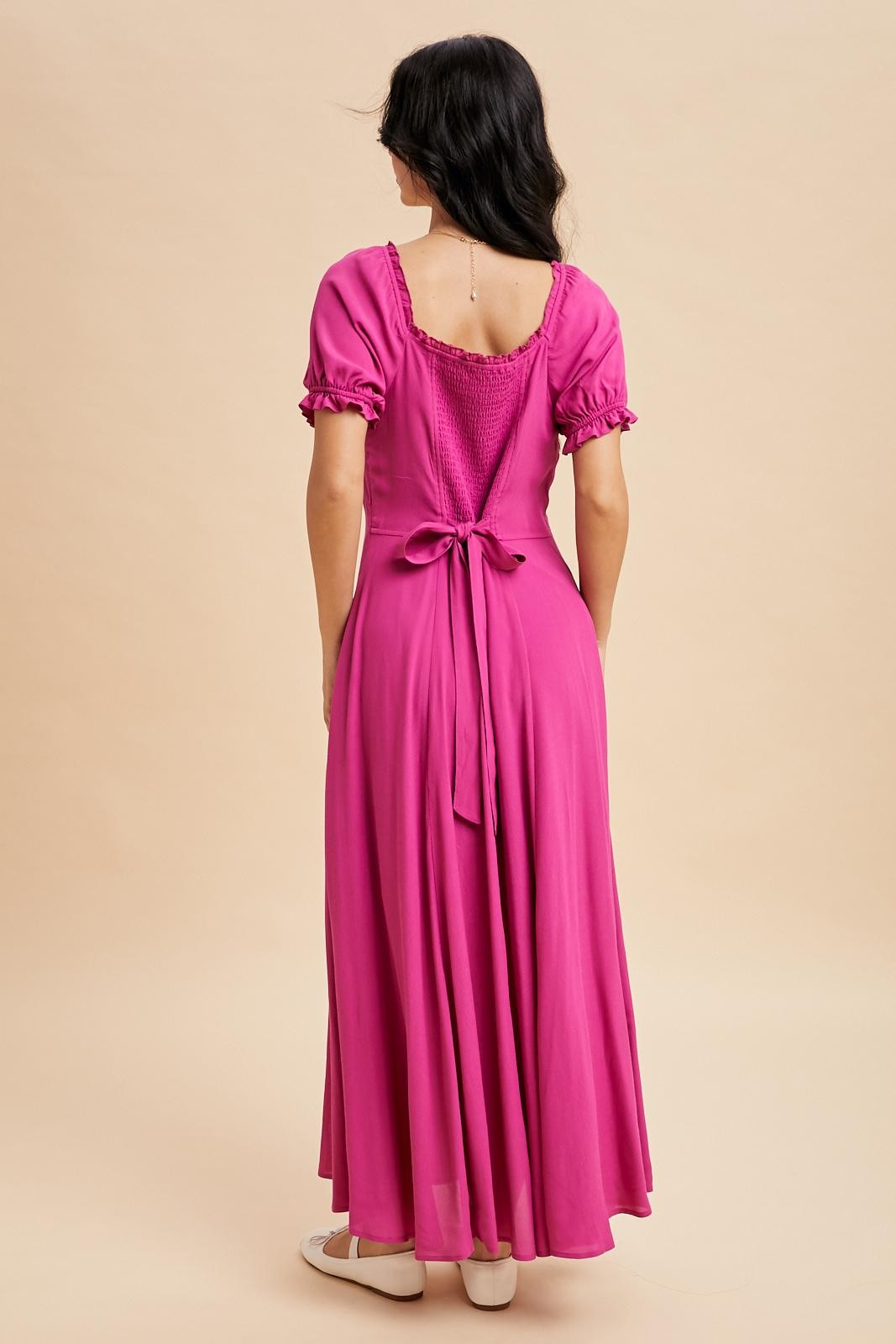 Fuchsia Button Down Ruffle Trim Maxi Dress