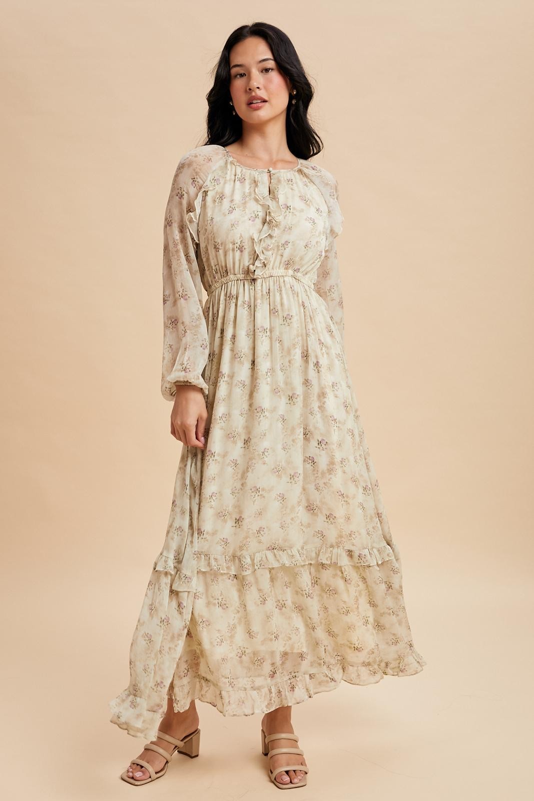 Cream Floral Chiffon Ruffle Detail Maxi Dress