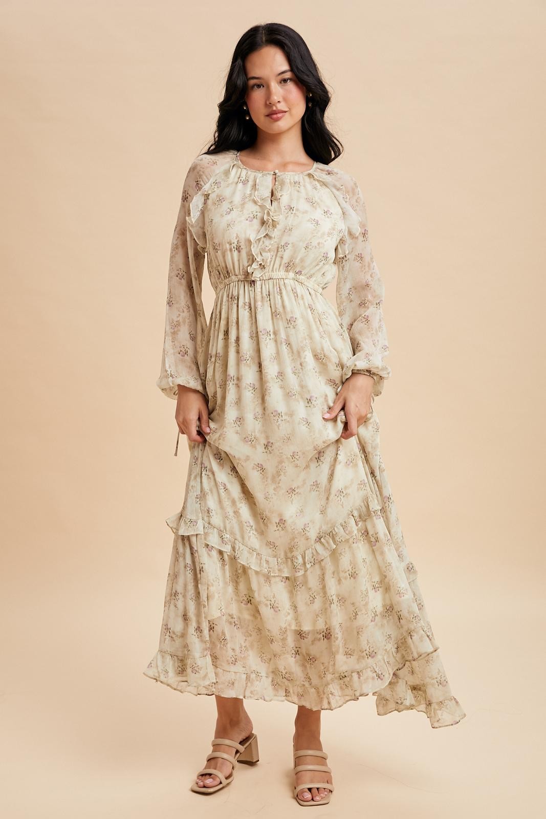 Cream Floral Chiffon Ruffle Detail Maxi Dress