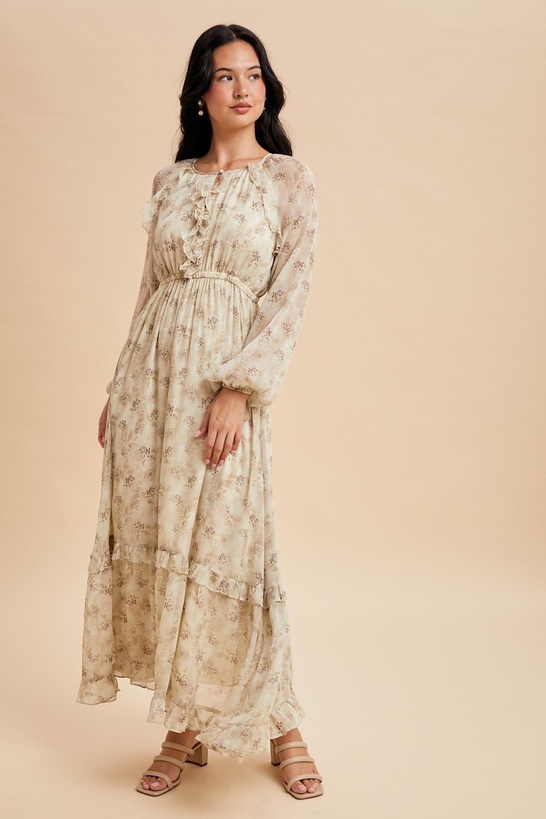 Cream Floral Chiffon Ruffle Detail Maxi Dress