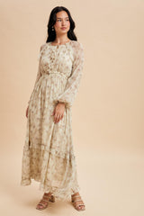 Cream Floral Chiffon Ruffle Detail Maxi Dress