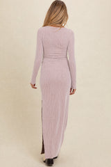 Oatmeal Ribbed Long Sleeve Side Slit Maternity Maxi Dress