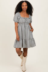Black Gingham Smocked Ruffled Puff Sleeve Dress