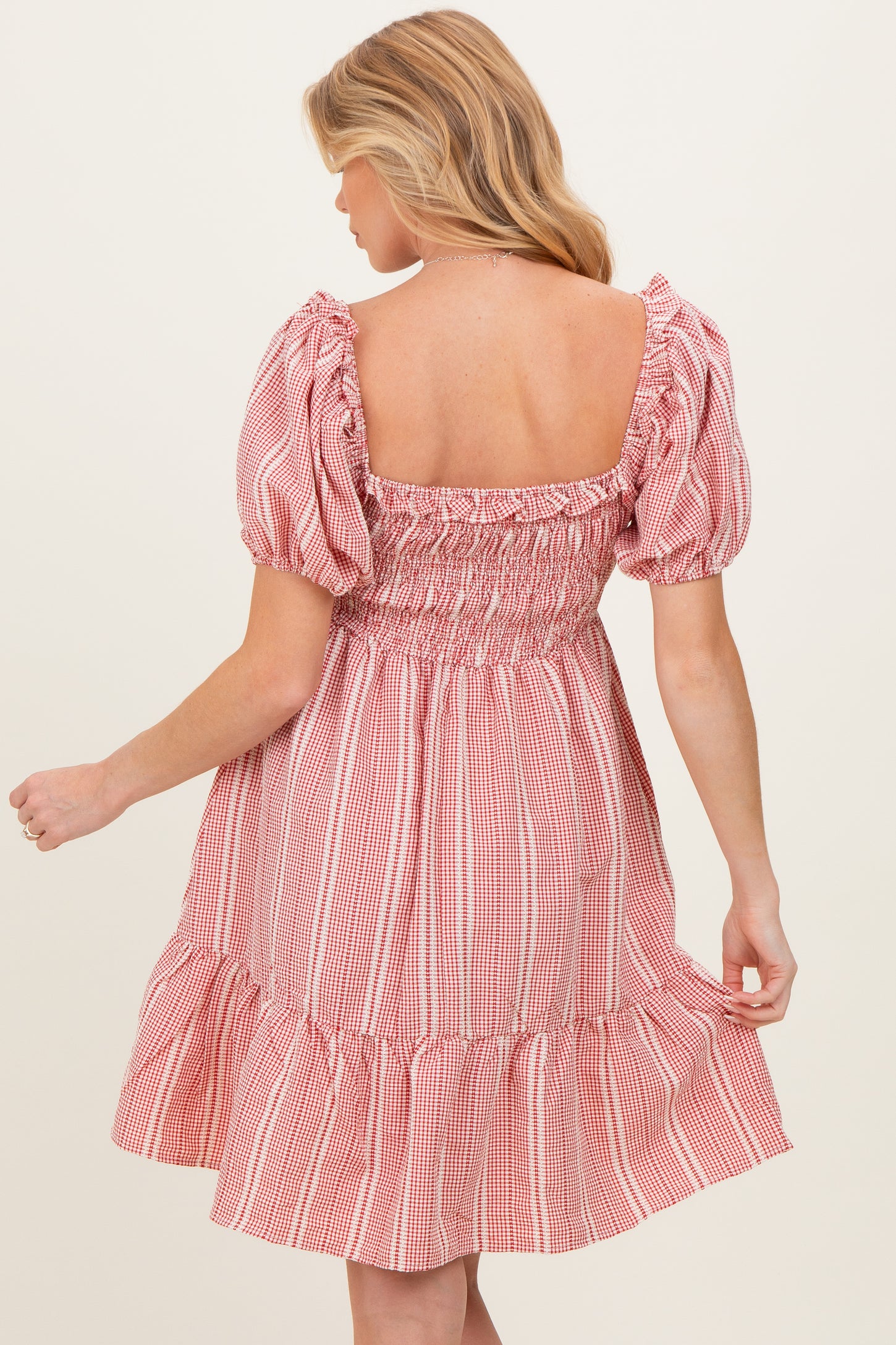 Red Gingham Smocked Ruffled Puff Sleeve Maternity Dress