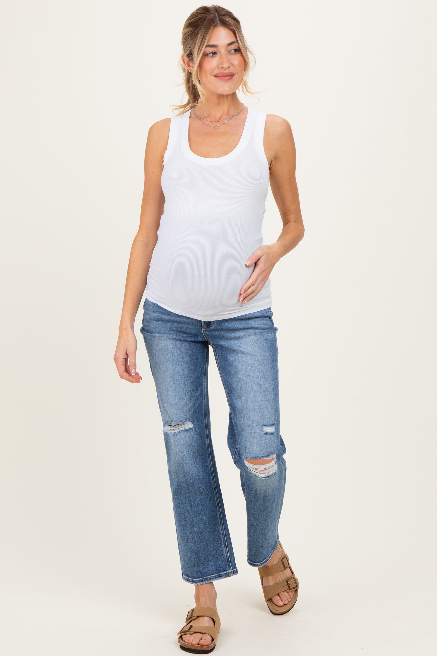 White Ribbed Scoop Neck Maternity Tank Top