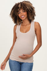 Beige Ribbed Scoop Neck Maternity Tank Top