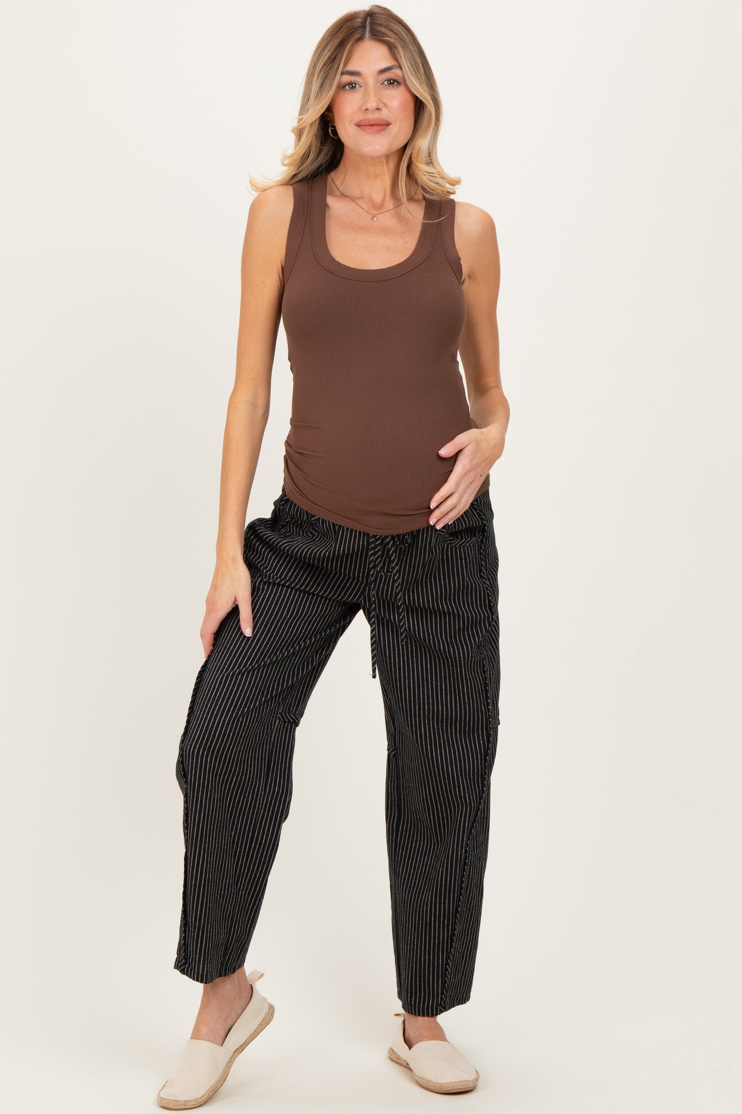Brown Ribbed Scoop Neck Maternity Tank Top