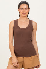 Brown Ribbed Scoop Neck Maternity Tank Top