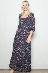 Navy Floral Smocked Button Accent Maternity Maxi Dress