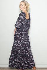 Navy Floral Smocked Button Accent Maxi Dress