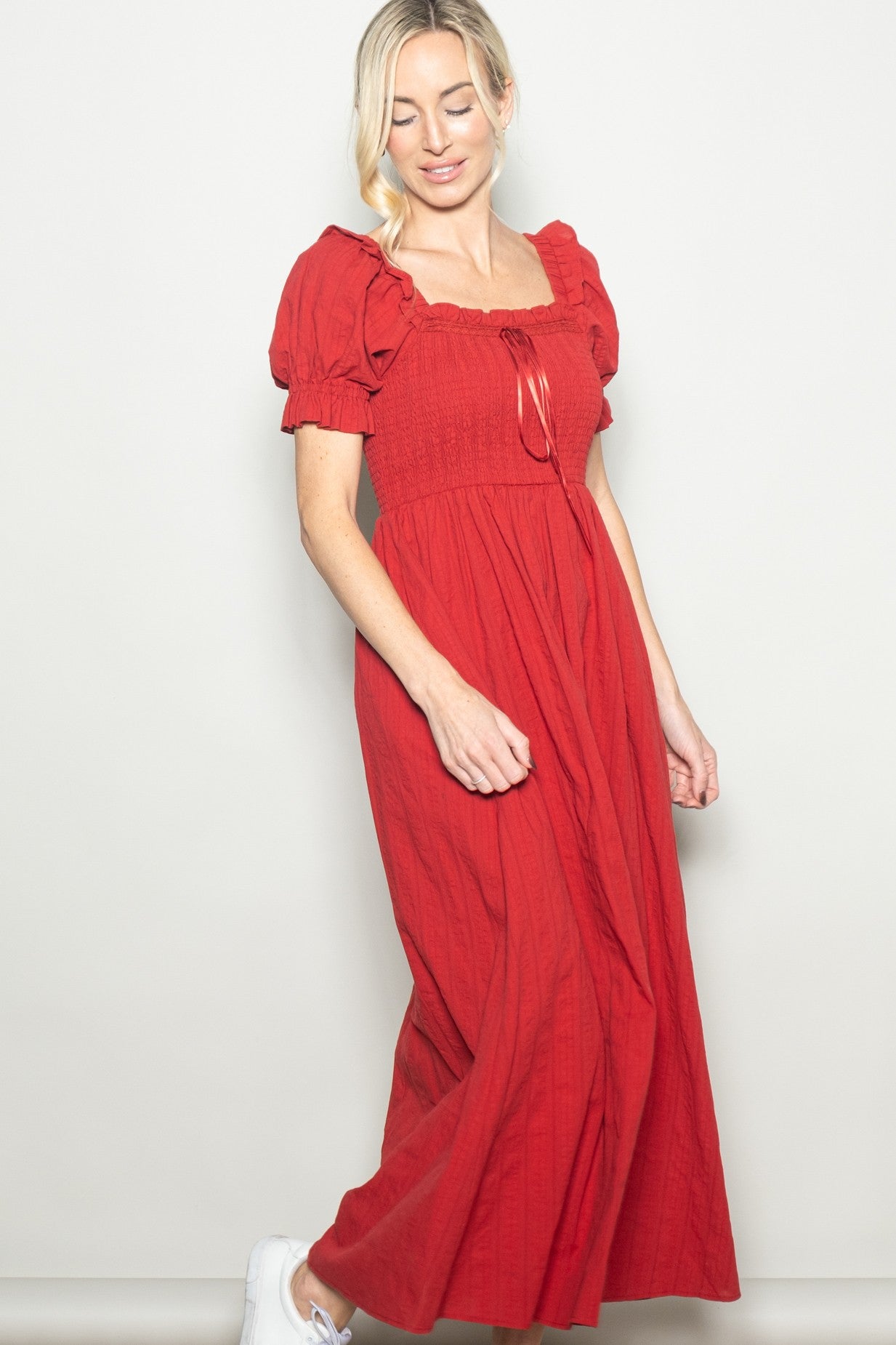 Red Smocked Ruffle Accent Ribbon Tie Maxi Dress