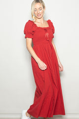 Red Smocked Ruffle Accent Ribbon Tie Maxi Dress