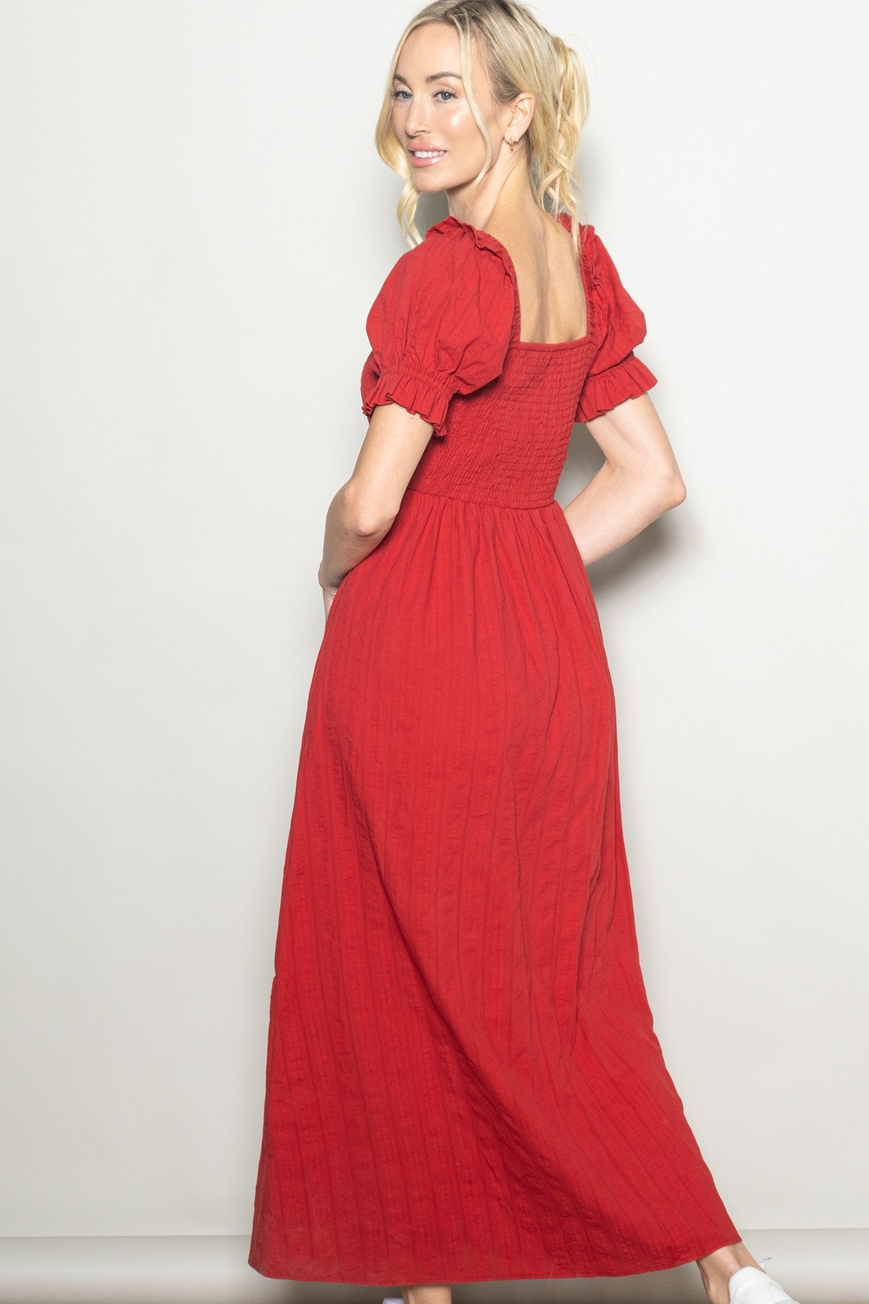 Red Smocked Ruffle Accent Ribbon Tie Maxi Dress