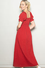 Red Smocked Ruffle Accent Ribbon Tie Maxi Dress