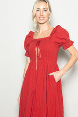 Red Smocked Ruffle Accent Ribbon Tie Maxi Dress