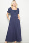 Navy Smocked Ruffle Accent Ribbon Tie Maxi Dress
