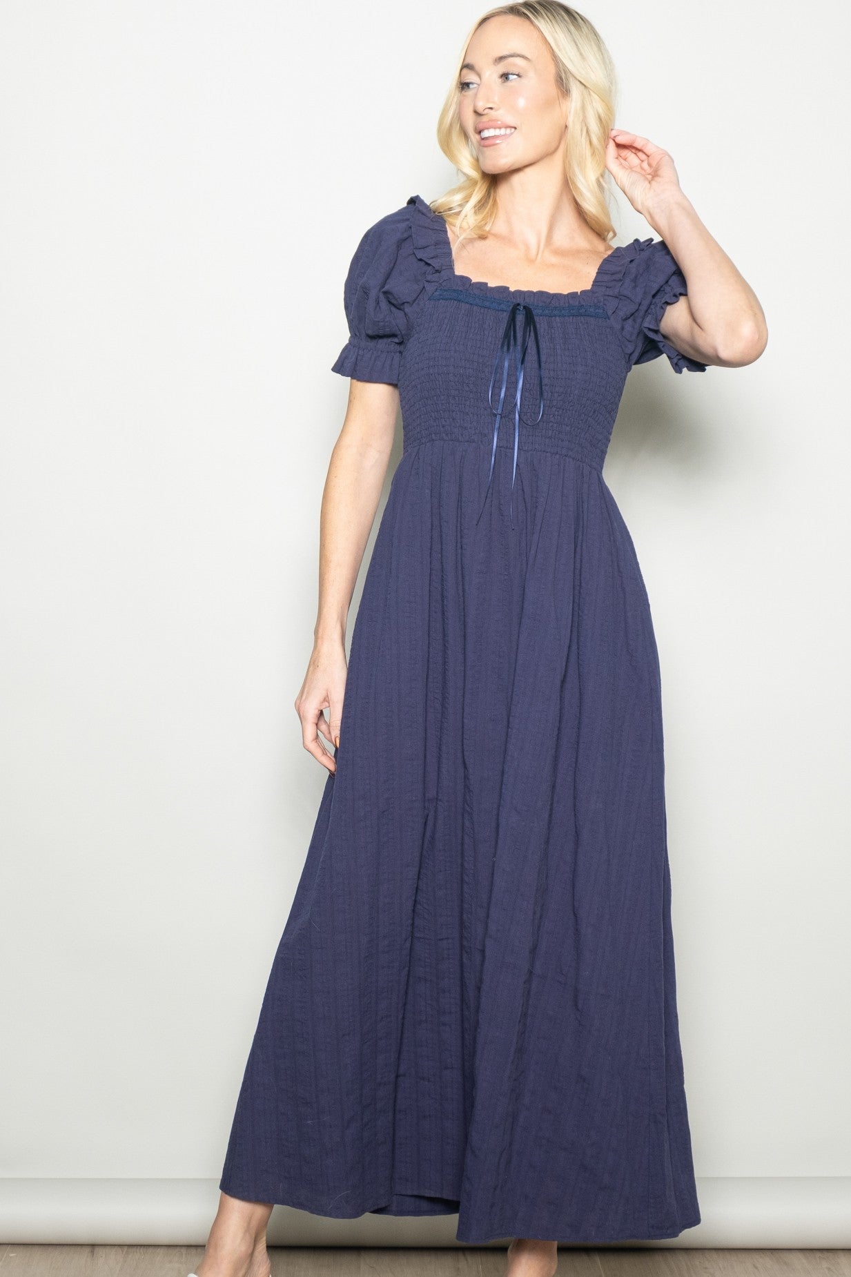 Navy Smocked Ruffle Accent Ribbon Tie Maxi Dress