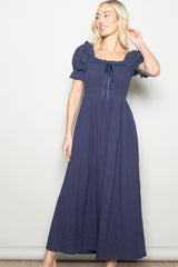 Navy Smocked Ruffle Accent Ribbon Tie Maxi Dress