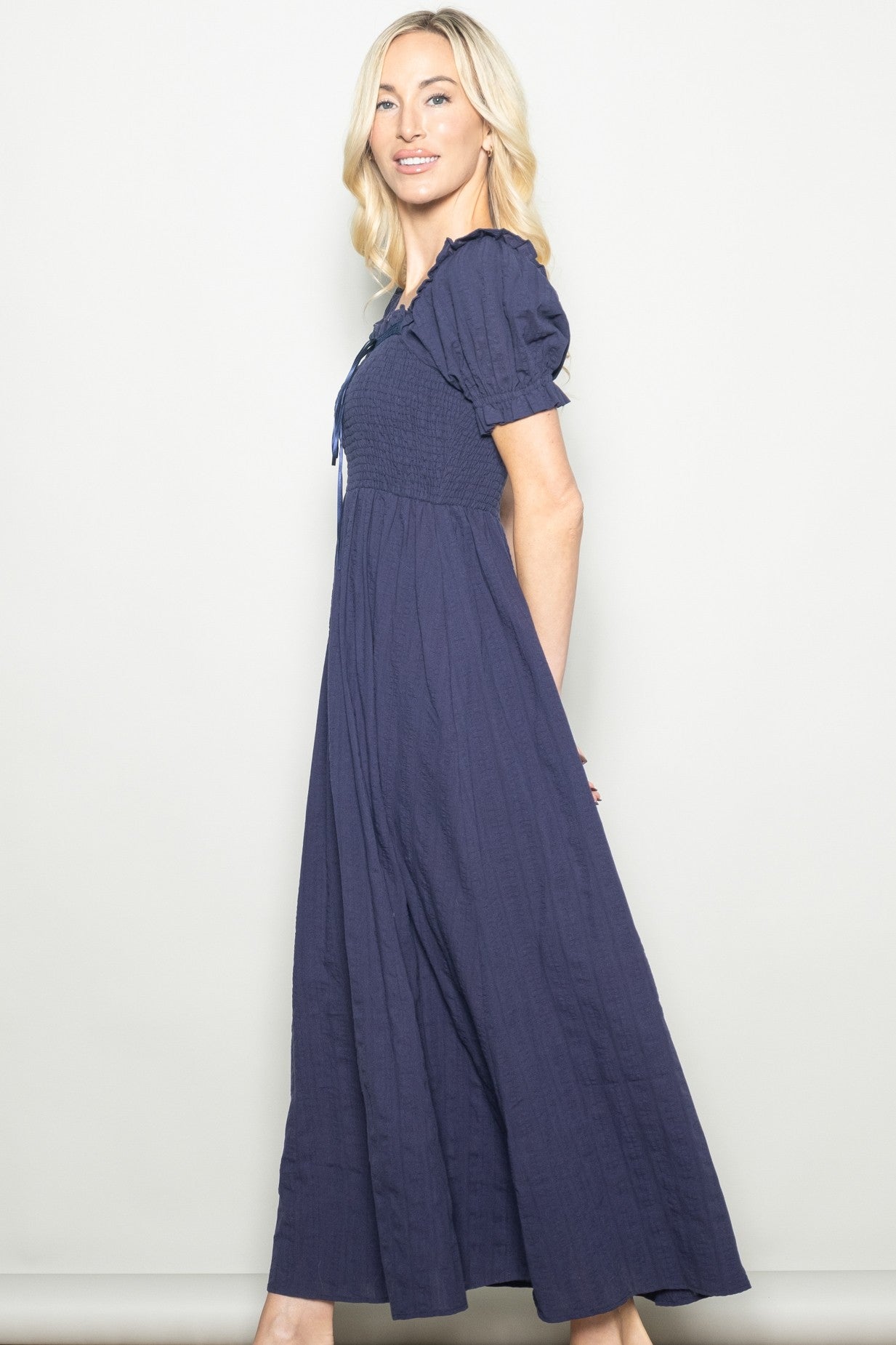 Navy Smocked Ruffle Accent Ribbon Tie Maxi Dress