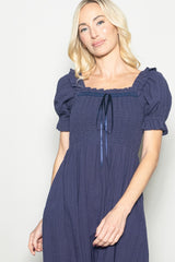 Navy Smocked Ruffle Accent Ribbon Tie Maxi Dress