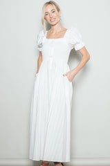 White Smocked Ruffle Accent Ribbon Tie Maxi Dress