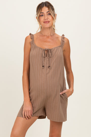 Mocha Stripe Front Tie Linen Blend Maternity Romper