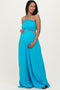 Aqua Blue Smocked Drawstring Halter Side Cutout Maternity Jumpsuit