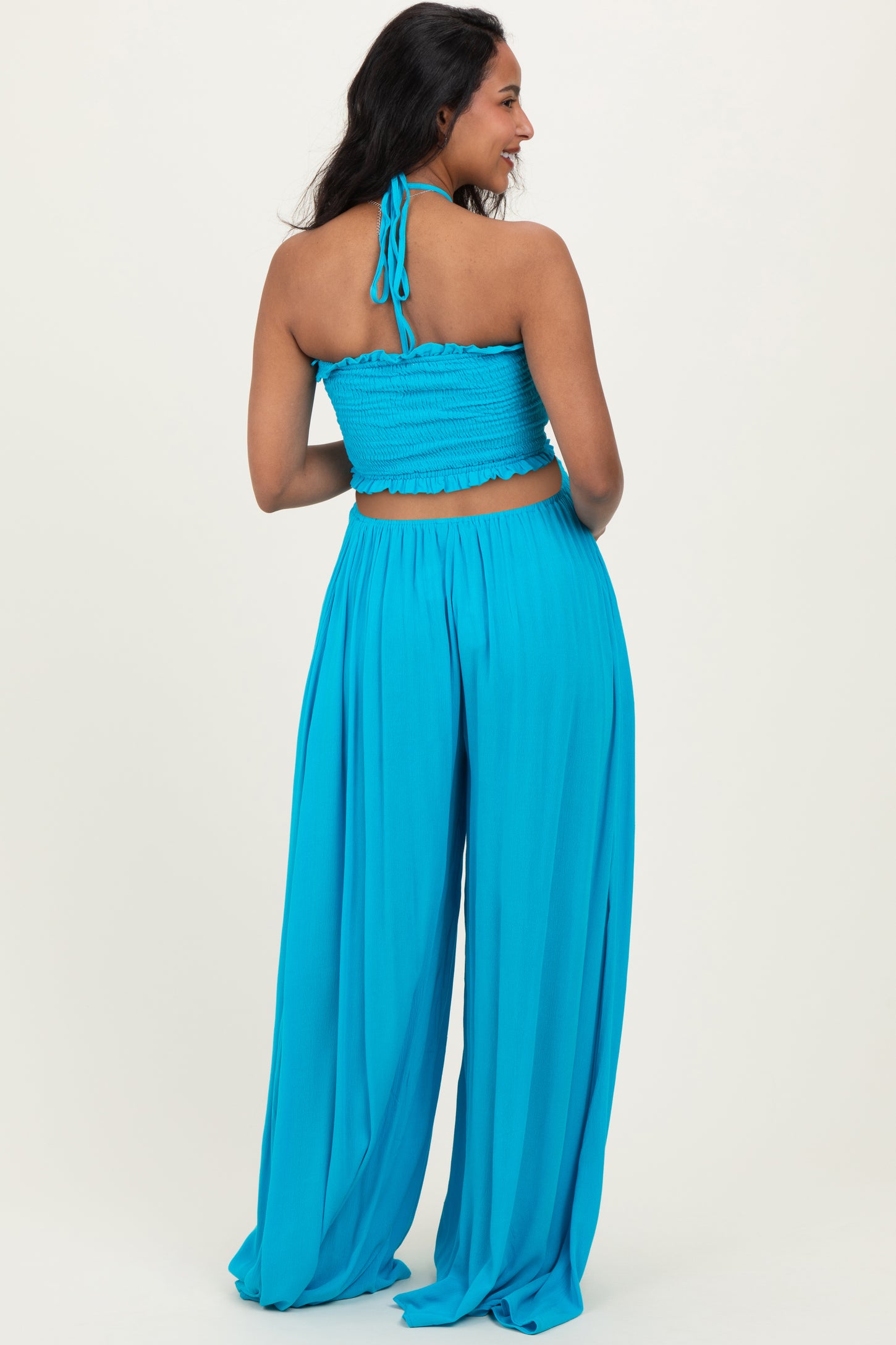 Aqua Blue Smocked Drawstring Halter Side Cutout Maternity Jumpsuit