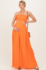 Orange Smocked Drawstring Halter Side Cutout Maternity Jumpsuit