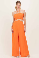 Orange Smocked Drawstring Halter Side Cutout Maternity Jumpsuit