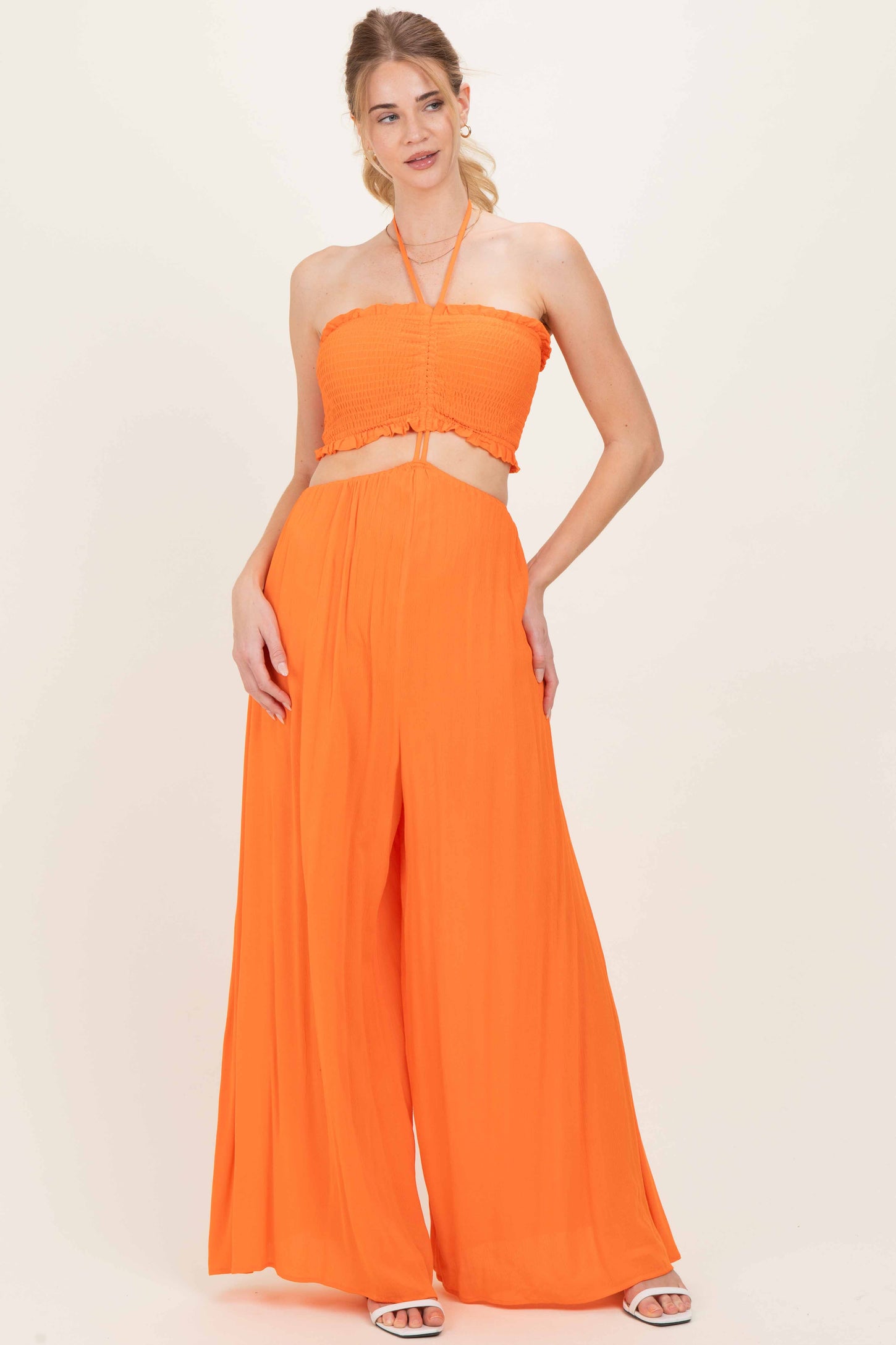 Orange Smocked Drawstring Halter Side Cutout Jumpsuit