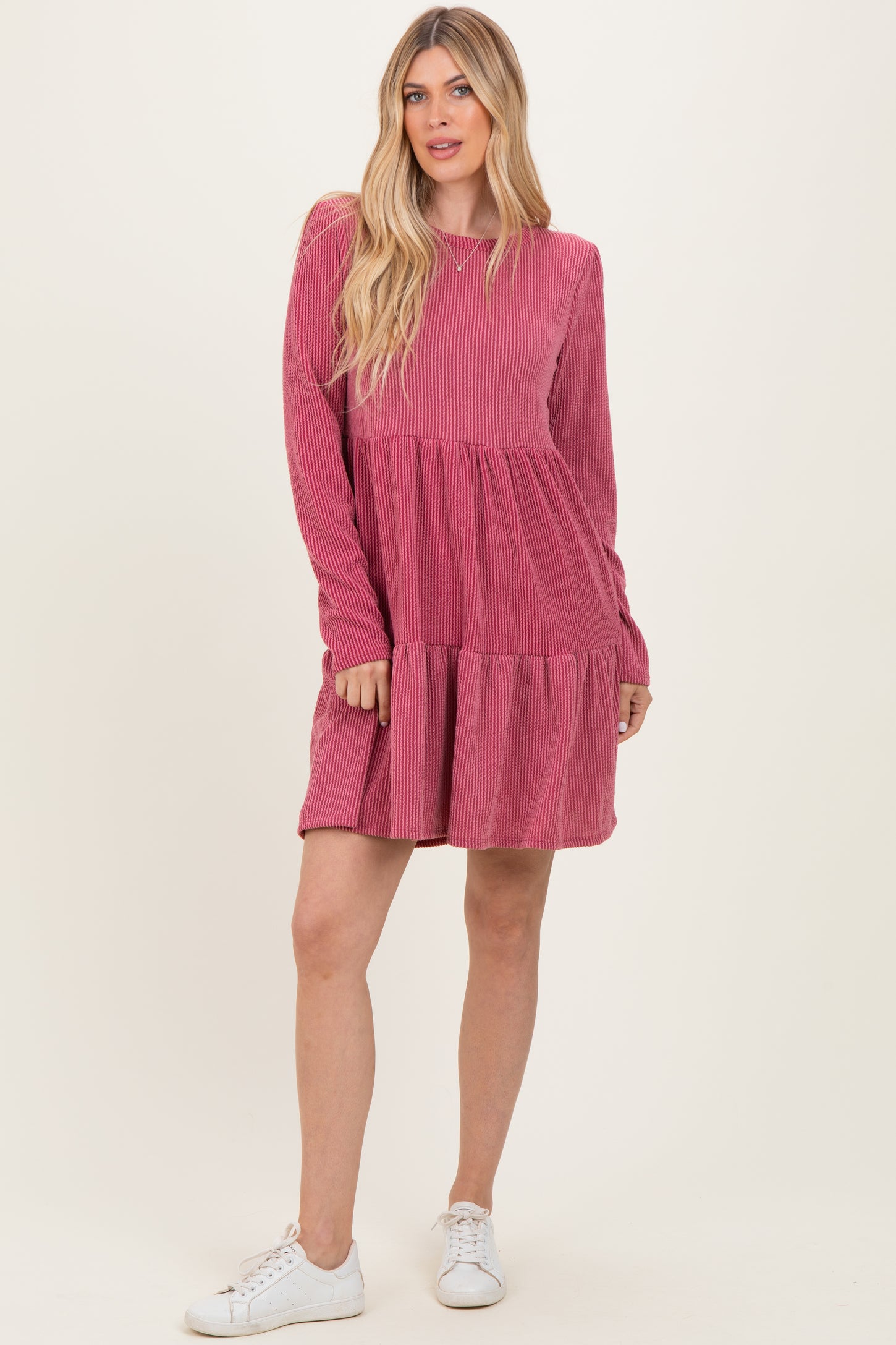 Dark Mauve Textured Rib Tiered Long Sleeve Dress