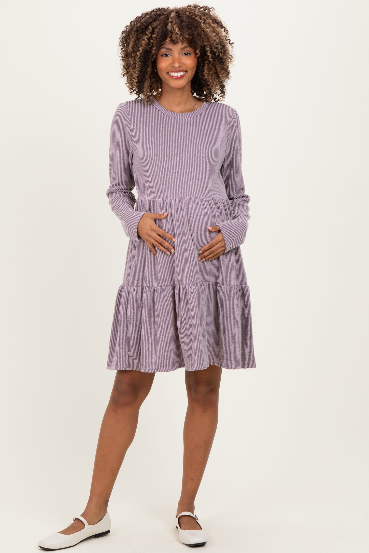 Lavender Textured Rib Tiered Long Sleeve Maternity Dress