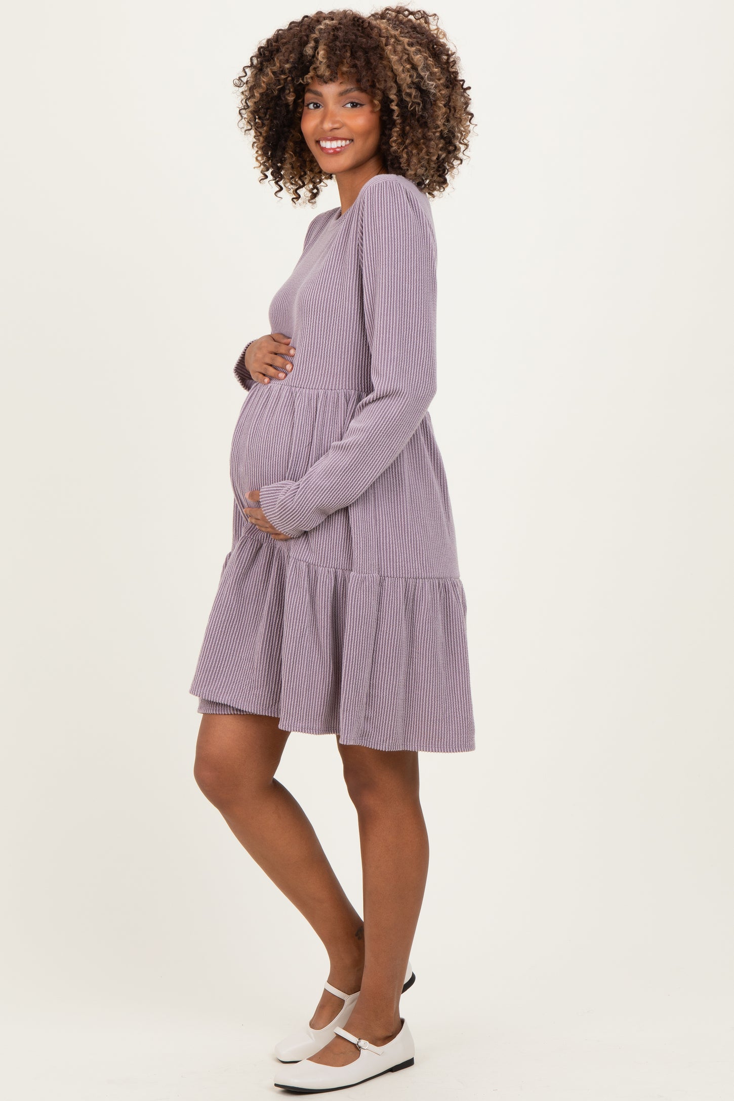 Lavender Textured Rib Tiered Long Sleeve Maternity Dress